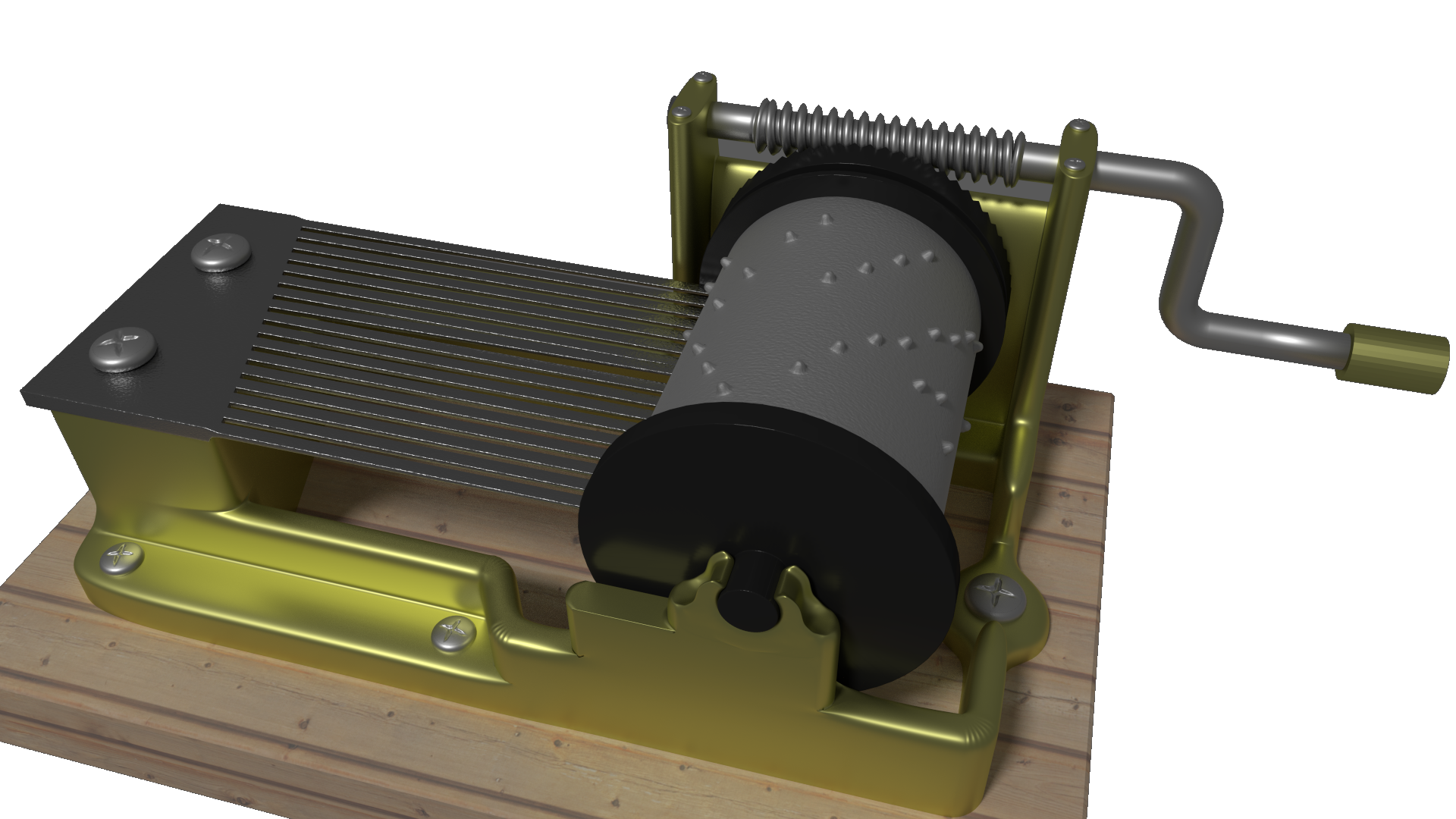 3D rendering. A music box with a metal frame on a piece of wood. The background is pure white. The music box is open, so you can see the drum and the comb. It is hand-cranked, therefore there is no mechanic besides an archimedic screw connecting the crank to the drum.